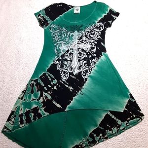 Vocal Green Tie Dye Short Sleeve Medium Cross Rhinestone Bling Top
